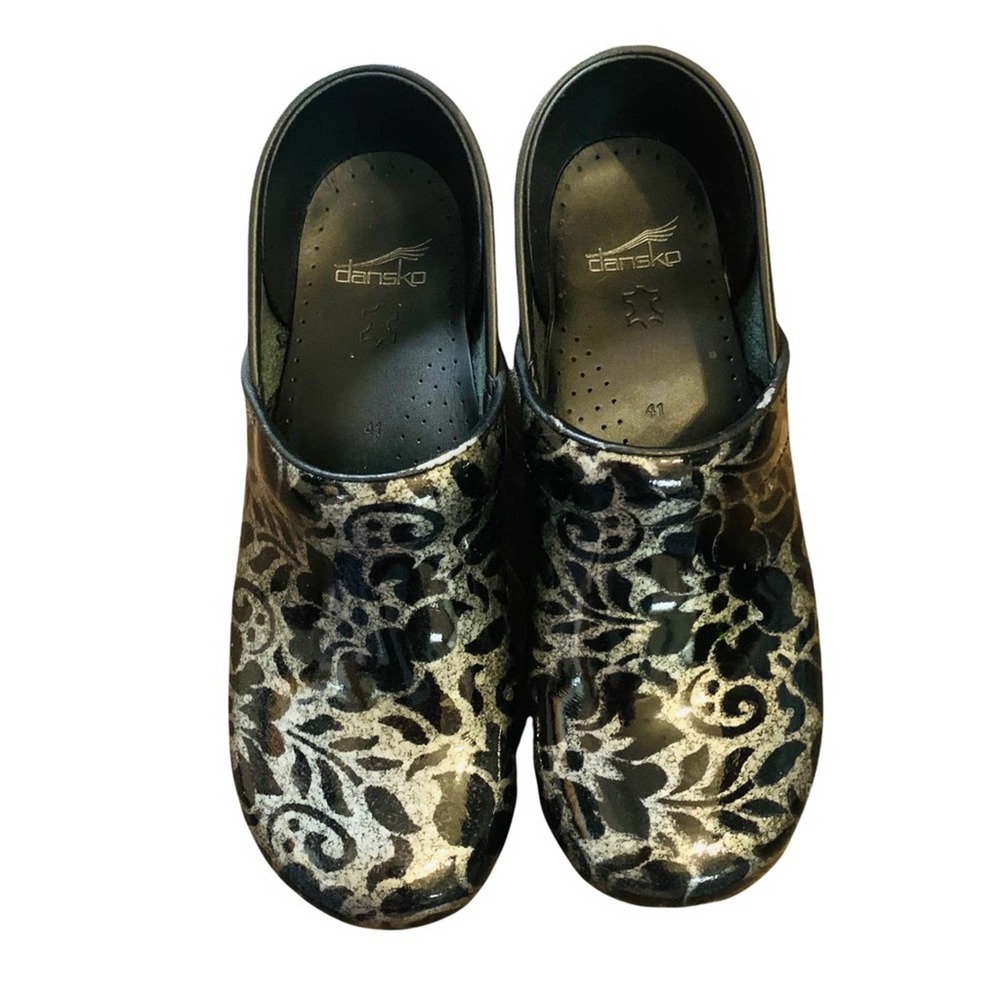 Dansko sz 41 Black & Silver floral Slip on Clogs - Picture 2 of 10